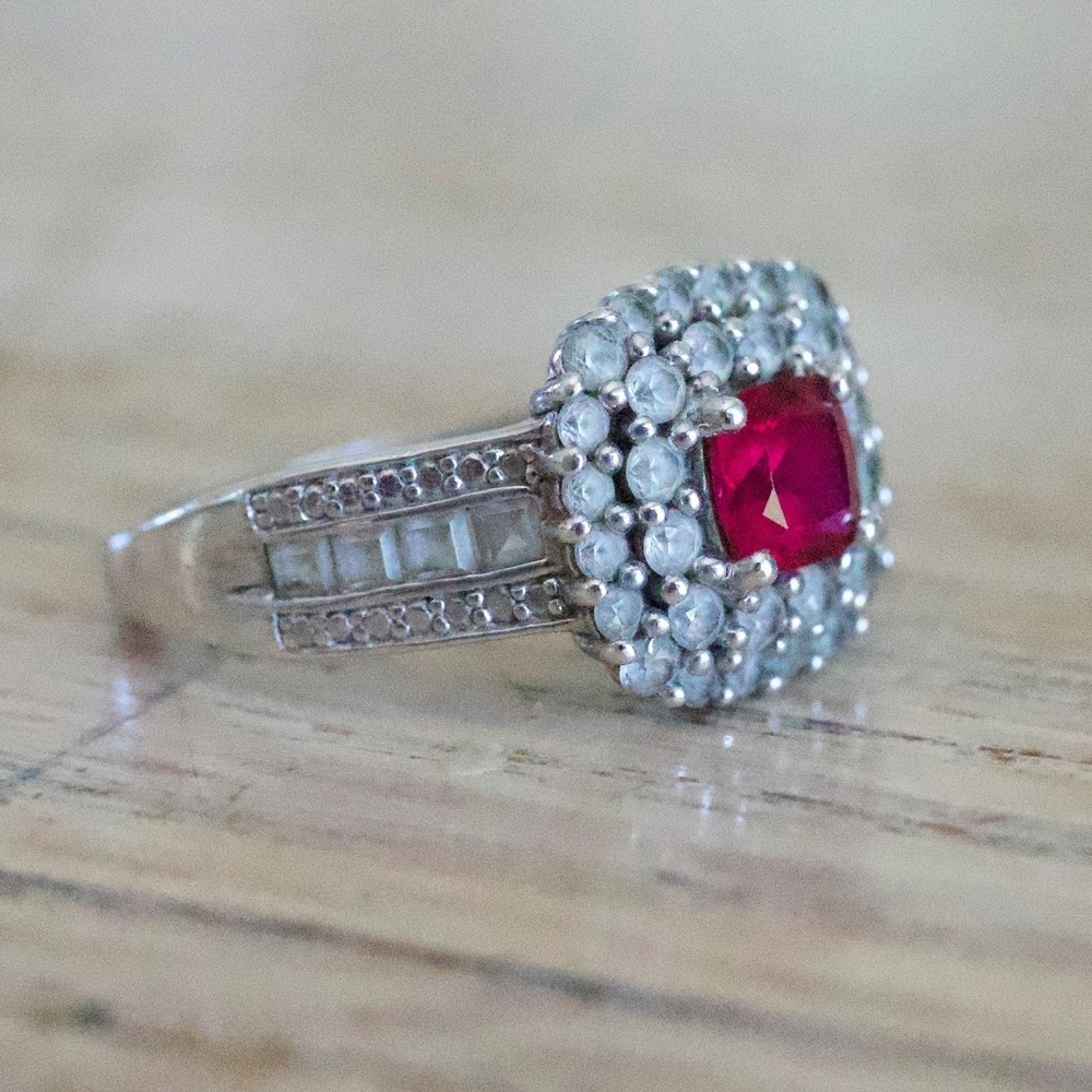925 Sterling Silver Lab Ruby Double Halo Cocktail Ring Recencycore Size 7 - Picture 3 of 6